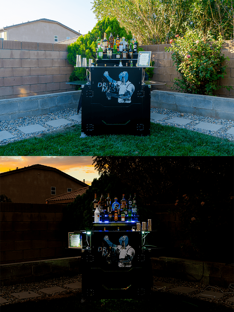 a black bar set up for bar rentals. The bars has an open bar package.