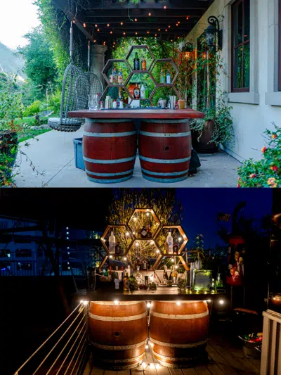 Rustic Barrel Bar evening setup by party shakers| Open Bar in Rooftop residence in Downtown LA